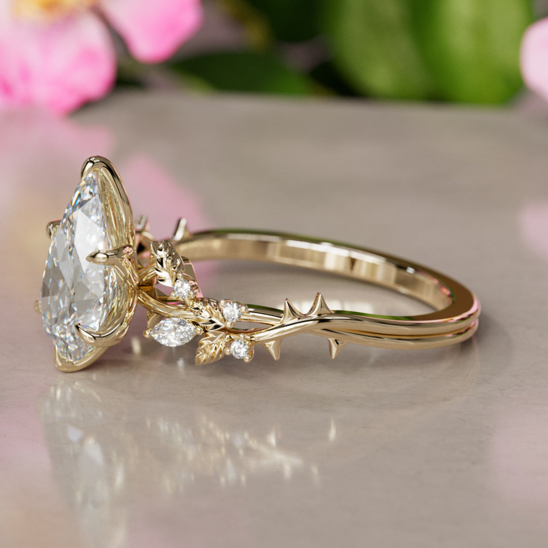 Rosewood Pear Diamond Engagement Flower Ring Nature Inspired By Valley Rose