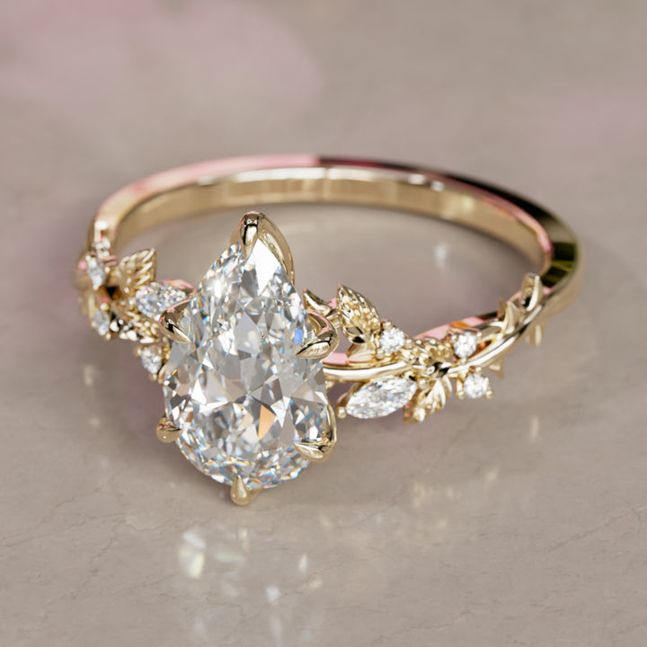 Rosewood Pear Diamond Engagement Flower Ring Nature Inspired By Valley Rose