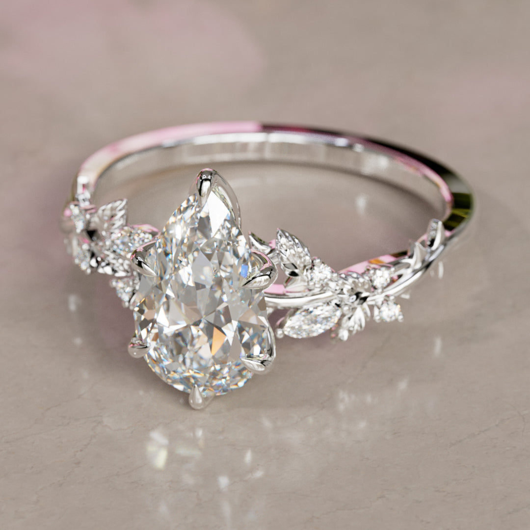 Rosewood Pear Diamond Engagement Flower Ring Nature Inspired By Valley Rose