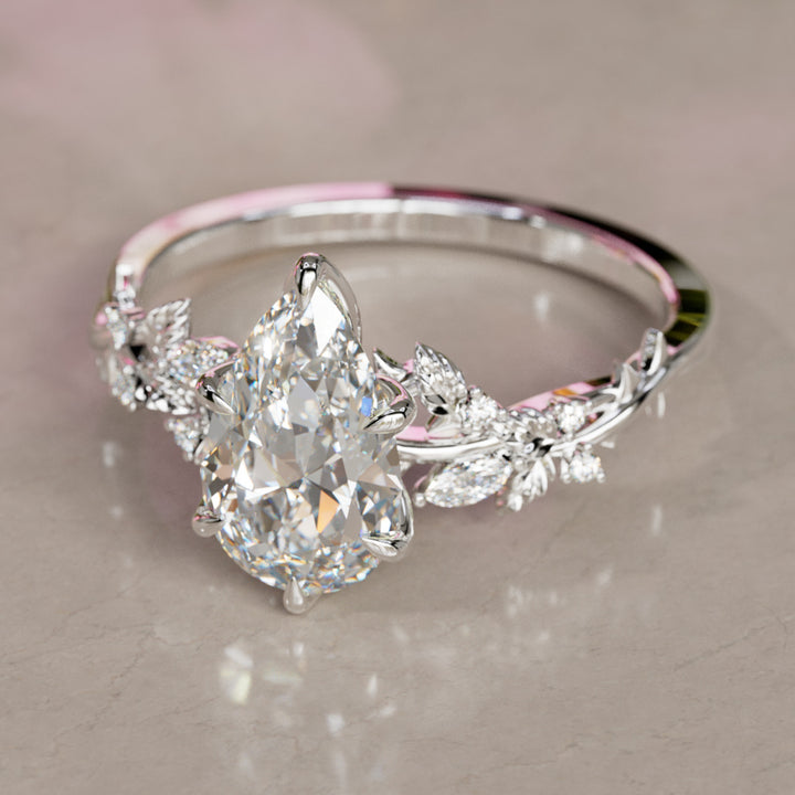 Rosewood Pear Diamond Engagement Flower Ring Nature Inspired By Valley Rose