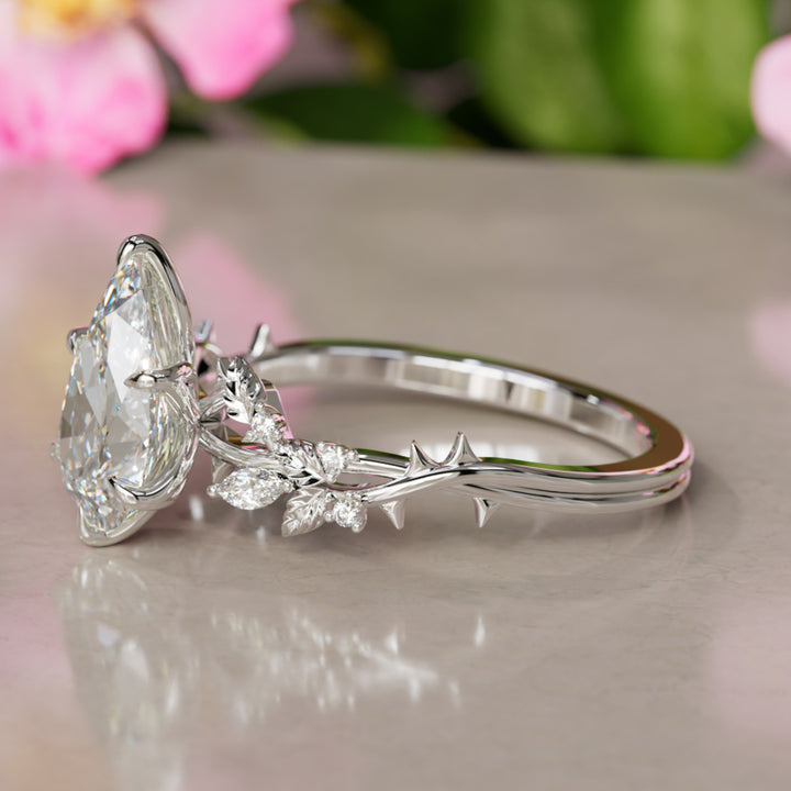 Rosewood Pear Diamond Engagement Flower Ring Nature Inspired By Valley Rose
