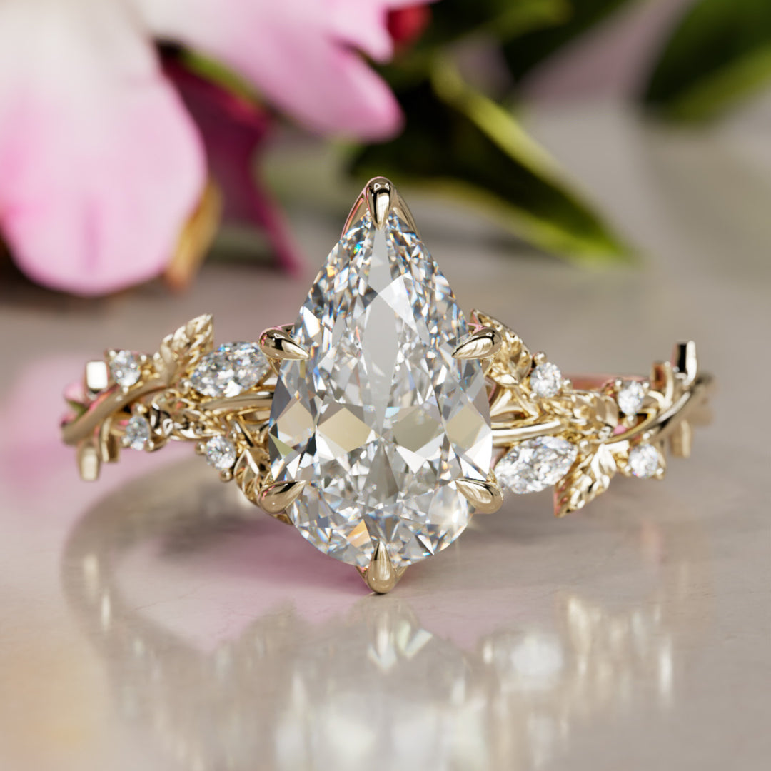 Rosewood Pear Diamond Engagement Flower Ring Nature Inspired By Valley Rose