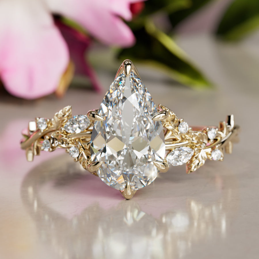 Rosewood Pear Diamond Engagement Flower Ring Nature Inspired By Valley Rose