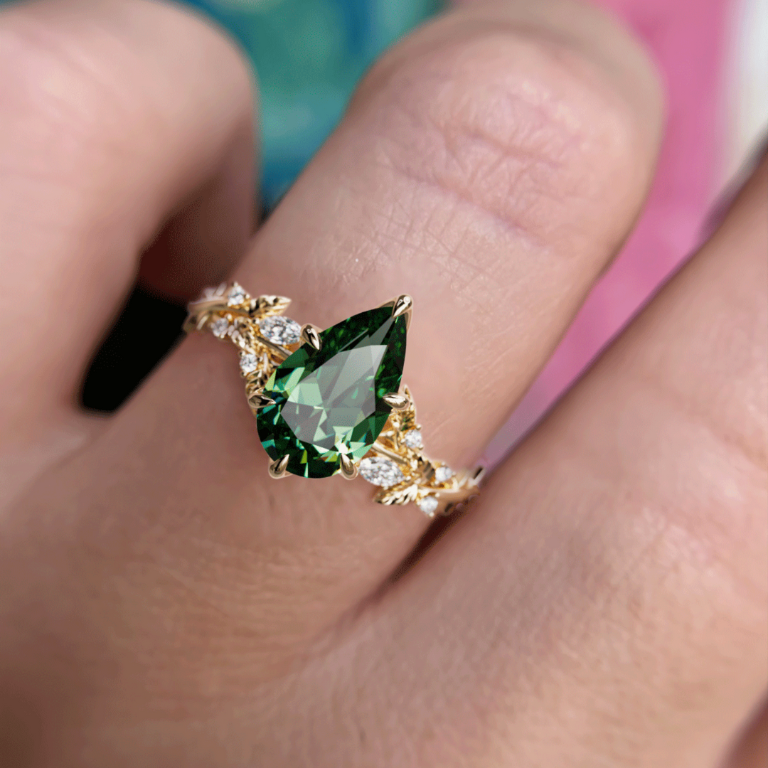 Rosewood Pear Green Sapphire Engagement Flower Ring Nature Inspired By Valley Rose