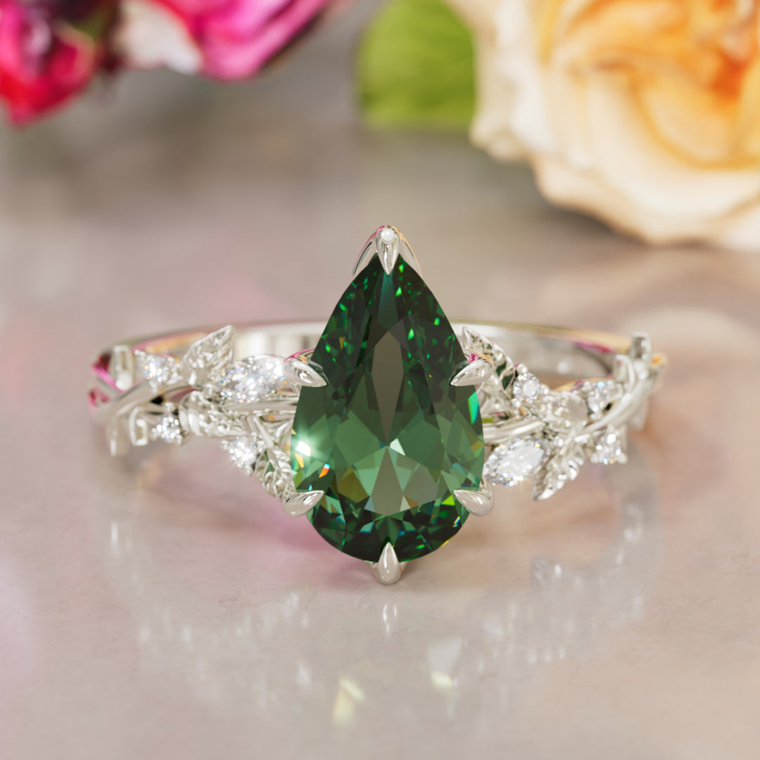 Rosewood Pear Green Sapphire Engagement Flower Ring Nature Inspired By Valley Rose