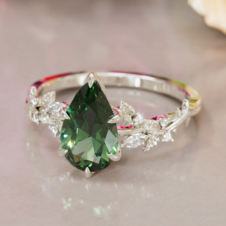 Rosewood Pear Green Sapphire Engagement Flower Ring Nature Inspired By Valley Rose