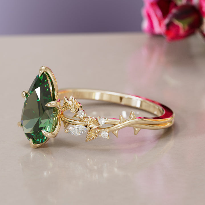 Rosewood Pear Green Sapphire Engagement Flower Ring Nature Inspired By Valley Rose