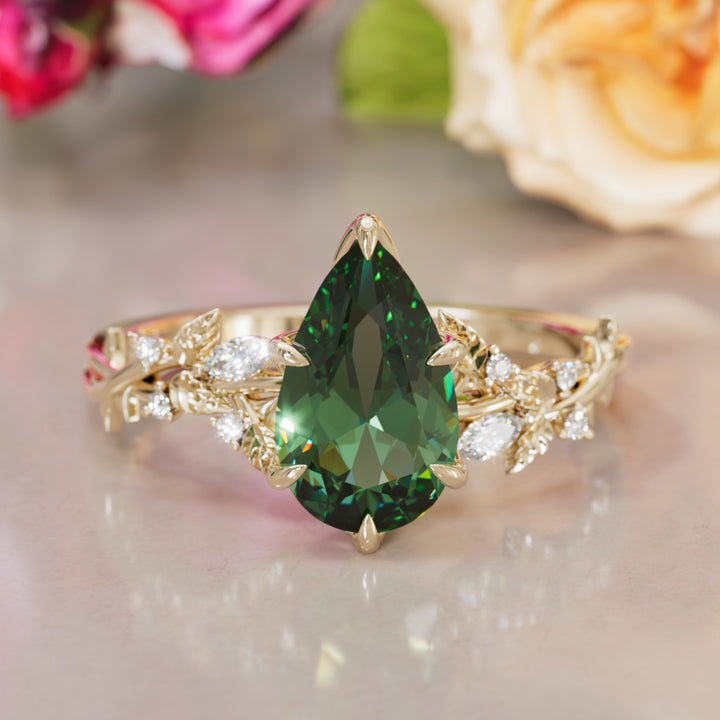 Rosewood Pear Green Sapphire Engagement Flower Ring Nature Inspired By Valley Rose