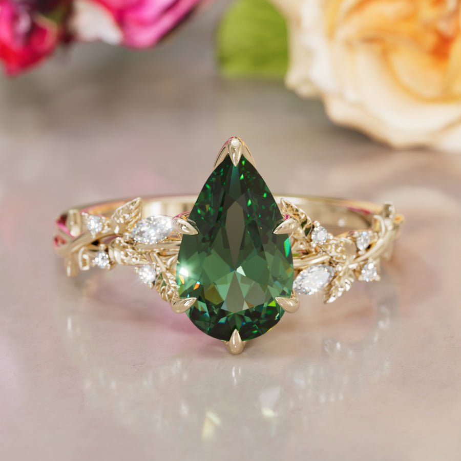Rosewood Pear Green Sapphire Engagement Flower Ring Nature Inspired By Valley Rose