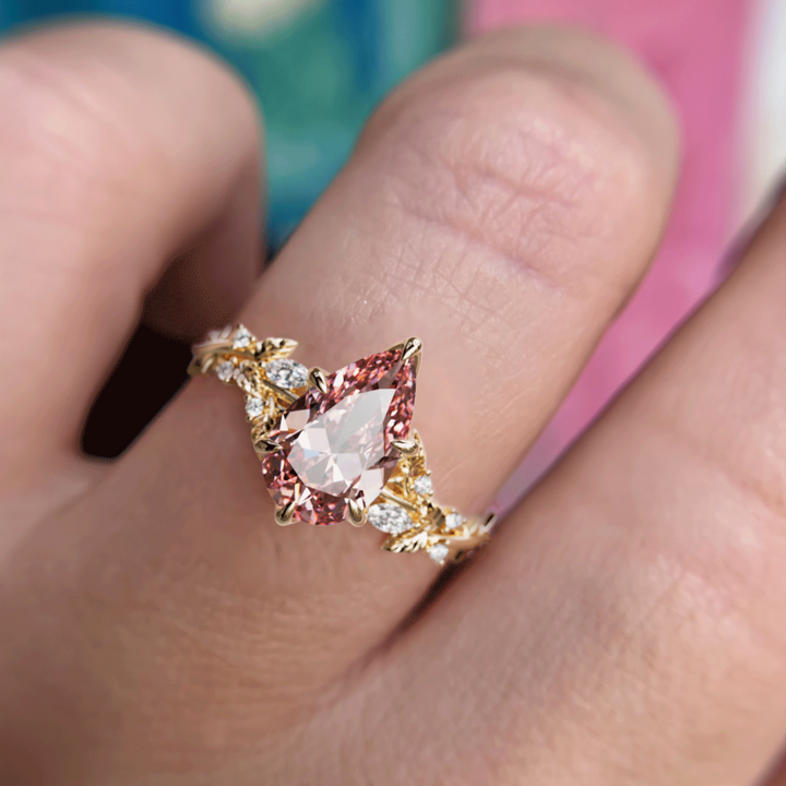 Rosewood Pear Pink Lab Diamond Engagement Flower Ring Nature Inspired By Valley Rose