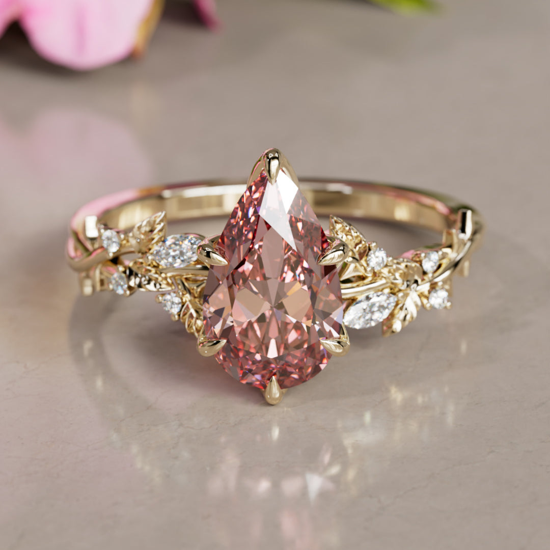 Rosewood Pear Pink Lab Diamond Engagement Flower Ring Nature Inspired By Valley Rose