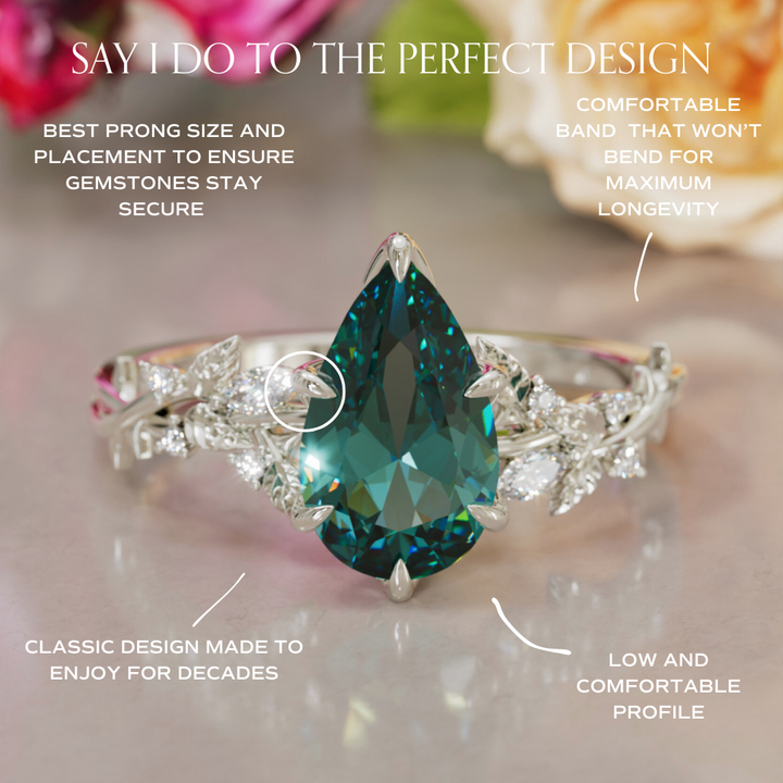 Rosewood Pear Teal Sapphire Engagement Flower Ring Nature Inspired By Valley Rose