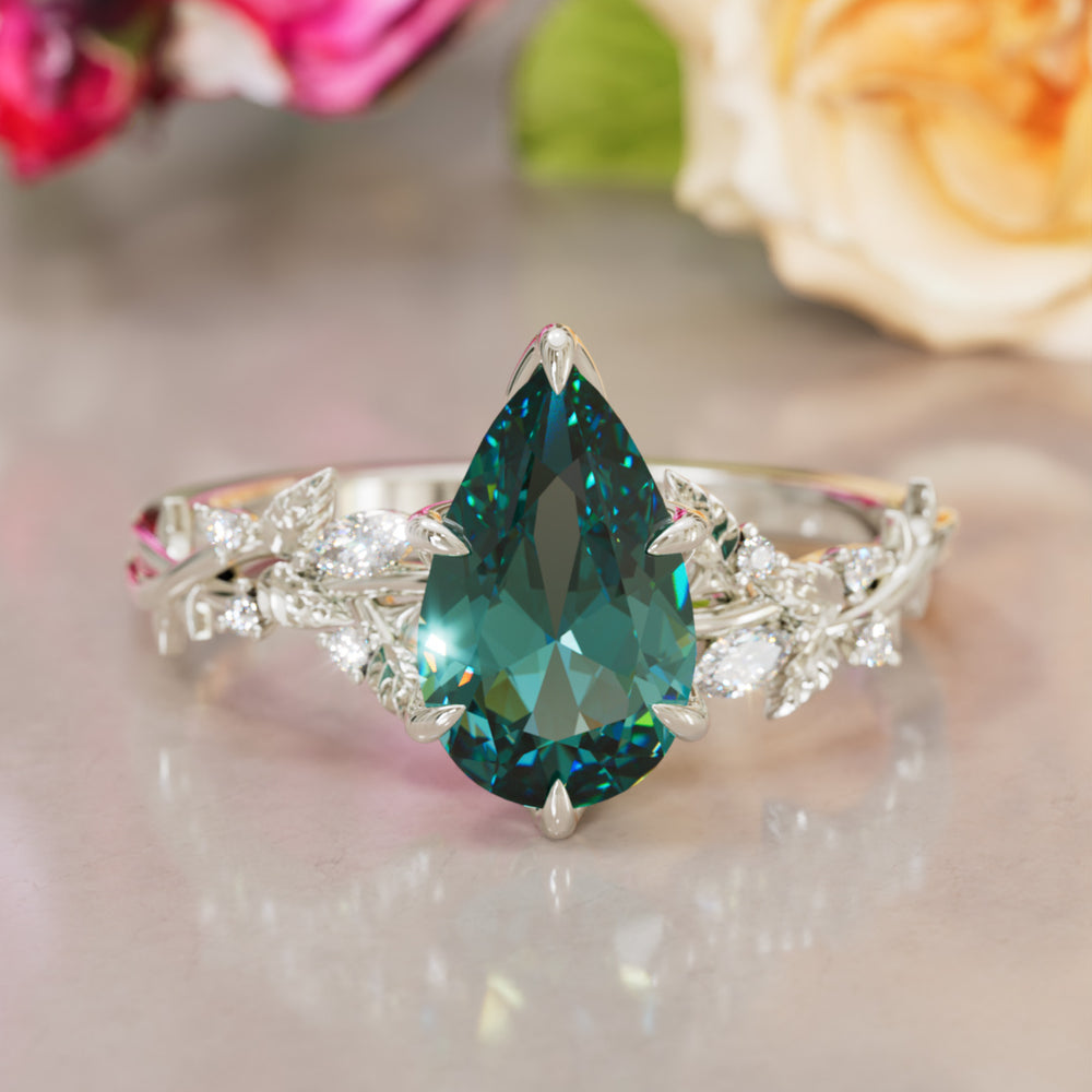 Rosewood Pear Teal Sapphire Engagement Flower Ring Nature Inspired By Valley Rose