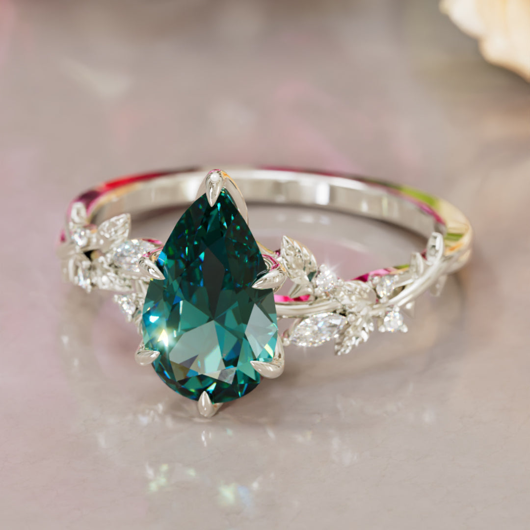 Rosewood Pear Teal Sapphire Engagement Flower Ring Nature Inspired By Valley Rose