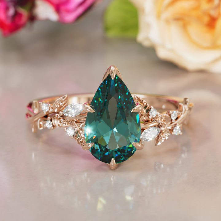 Rosewood Pear Teal Sapphire Engagement Flower Ring Nature Inspired By Valley Rose