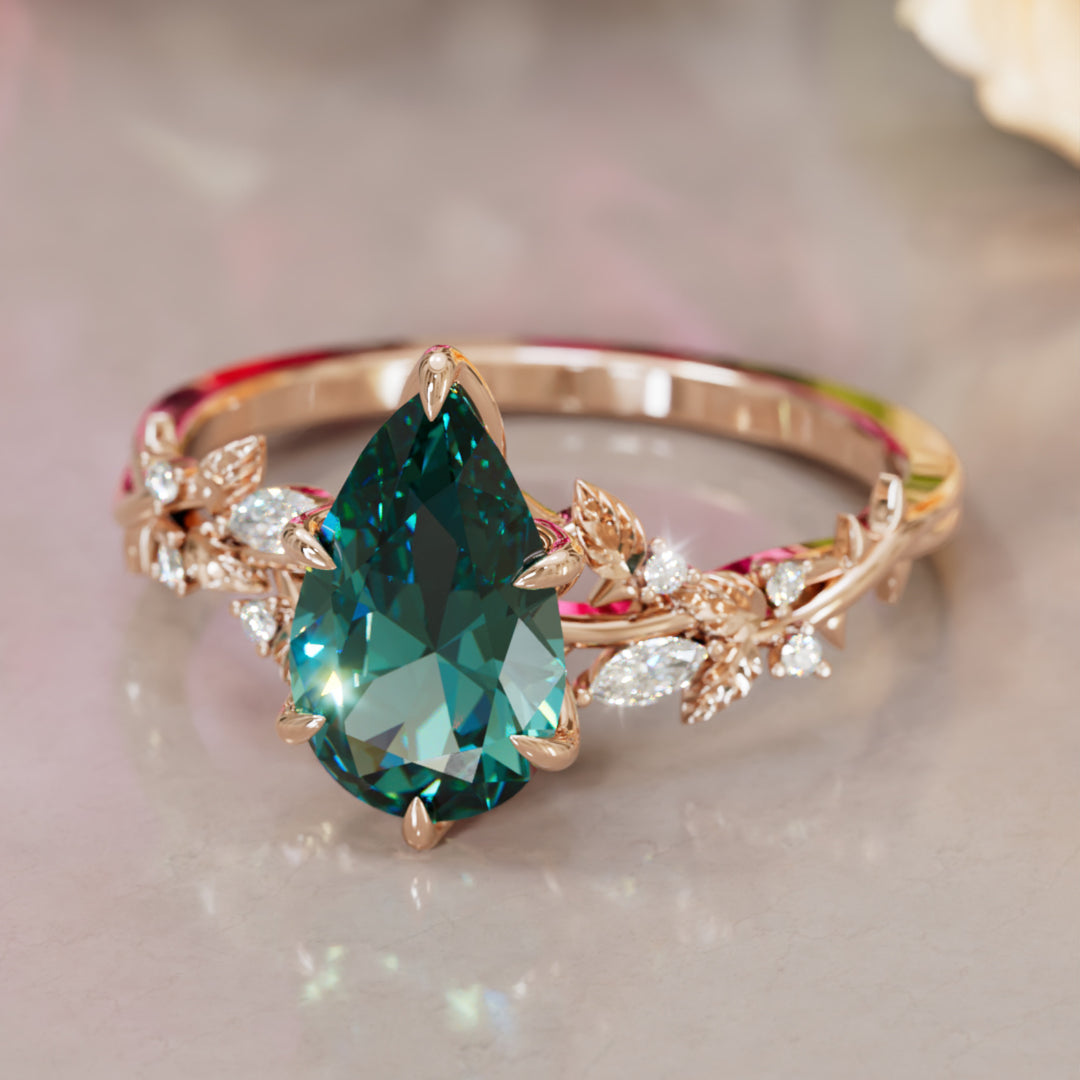 Rosewood Pear Teal Sapphire Engagement Flower Ring Nature Inspired By Valley Rose