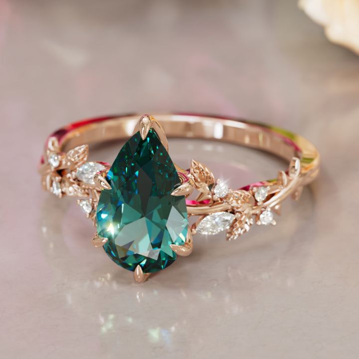Rosewood Pear Teal Sapphire Engagement Flower Ring Nature Inspired By Valley Rose