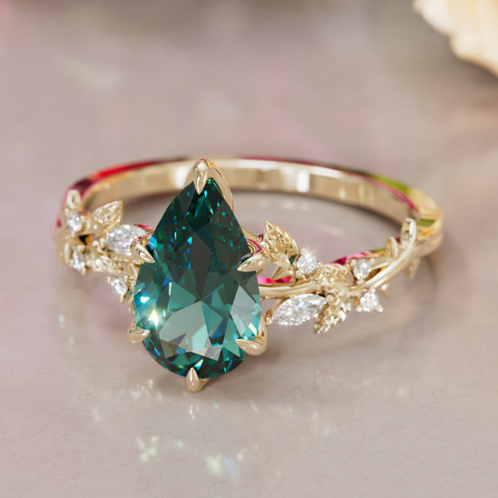 Rosewood Pear Teal Sapphire Engagement Flower Ring Nature Inspired By Valley Rose