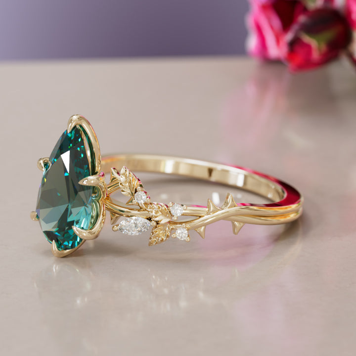 Rosewood Pear Teal Sapphire Engagement Flower Ring Nature Inspired By Valley Rose