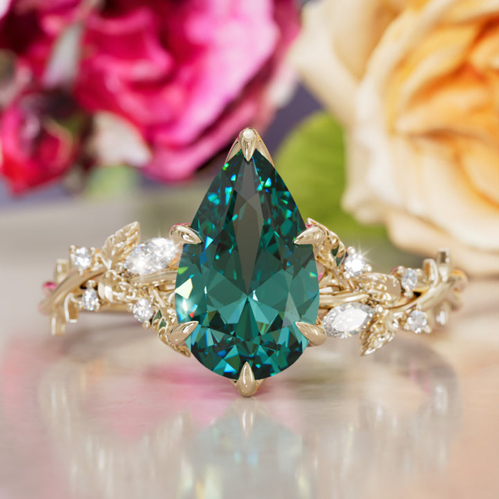 Rosewood Pear Teal Sapphire Engagement Flower Ring Nature Inspired By Valley Rose