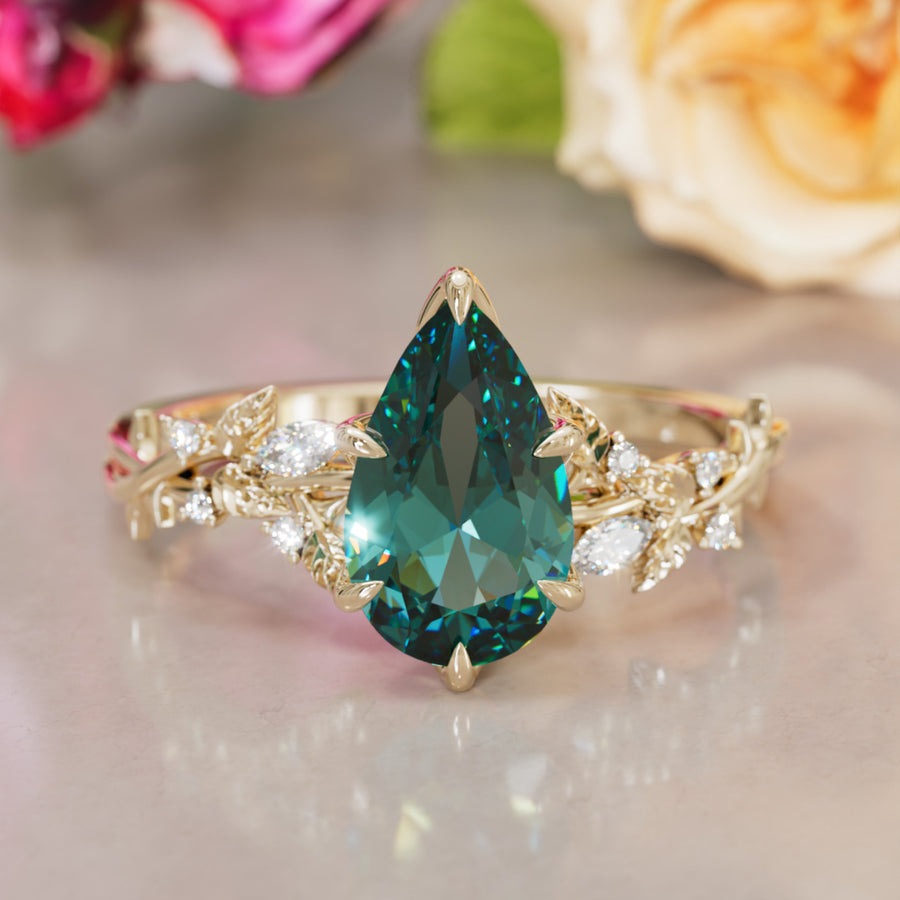 Rosewood Pear Teal Sapphire Engagement Flower Ring Nature Inspired By Valley Rose