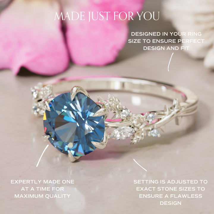Rosewood Round Blue Sapphire Engagement Flower Ring Nature Inspired By Valley Rose