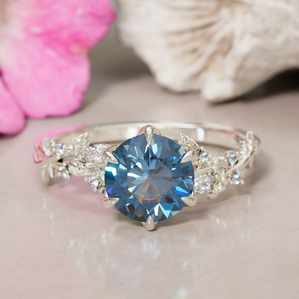 Rosewood Round Blue Sapphire Engagement Flower Ring Nature Inspired By Valley Rose