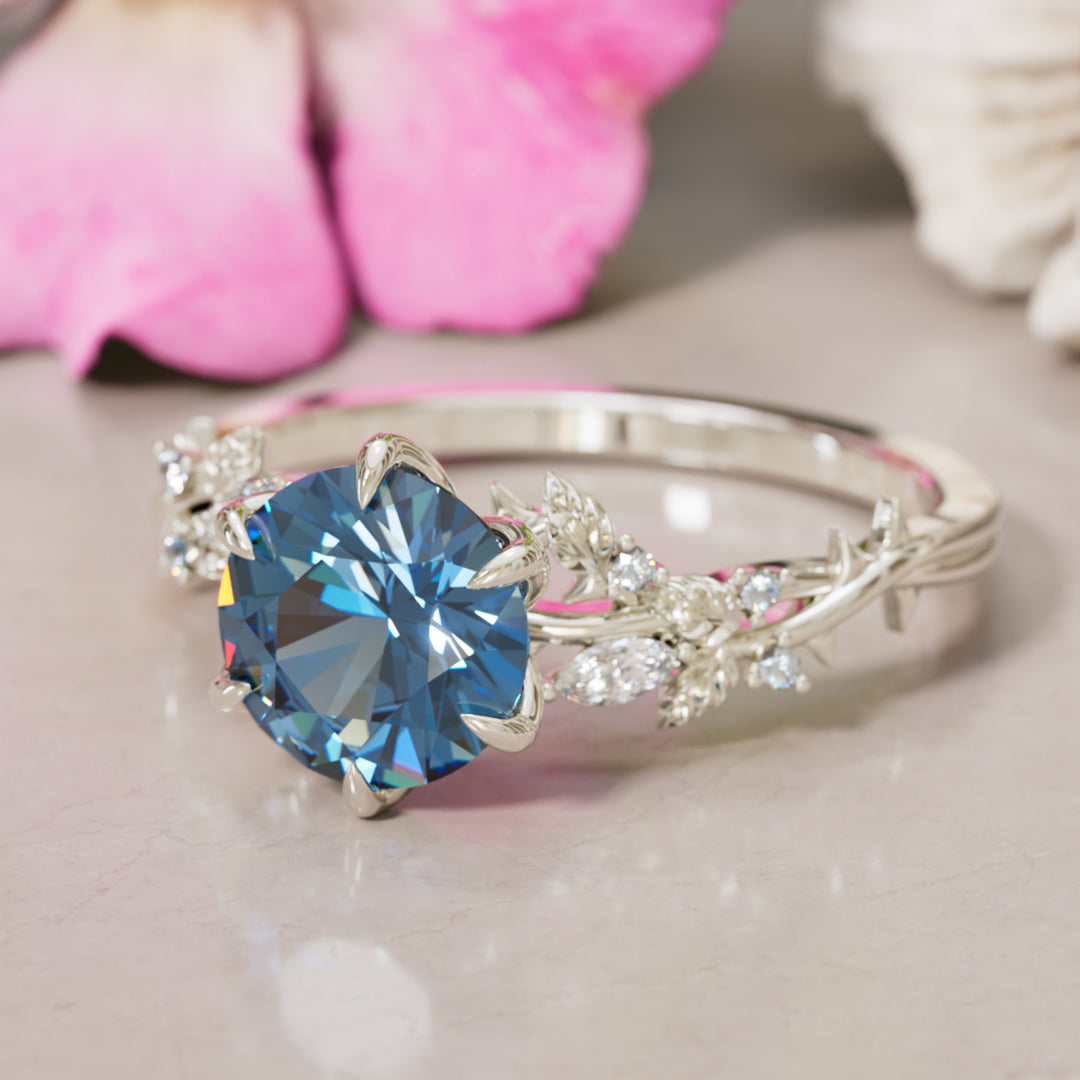 Rosewood Round Blue Sapphire Engagement Flower Ring Nature Inspired By Valley Rose