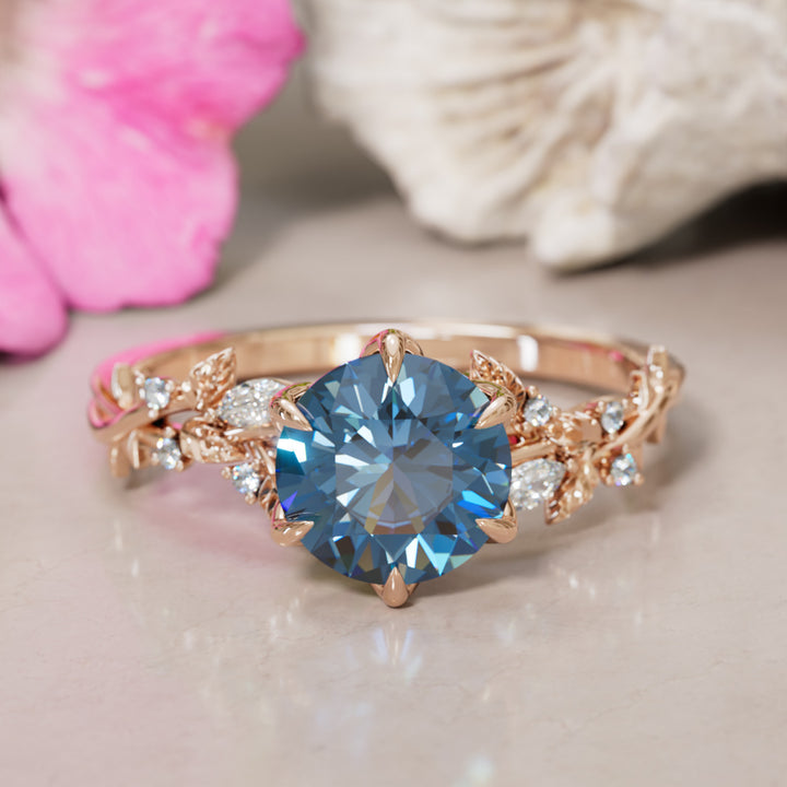 Rosewood Round Blue Sapphire Engagement Flower Ring Nature Inspired By Valley Rose