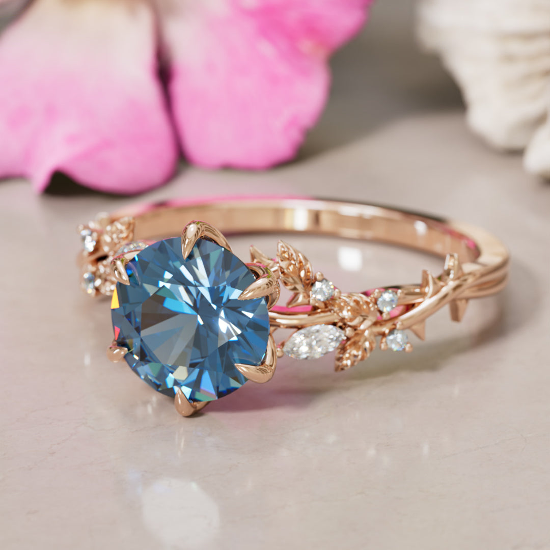 Rosewood Round Blue Sapphire Engagement Flower Ring Nature Inspired By Valley Rose