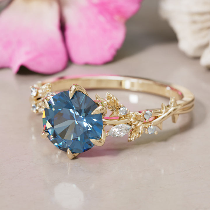 Rosewood Round Blue Sapphire Engagement Flower Ring Nature Inspired By Valley Rose