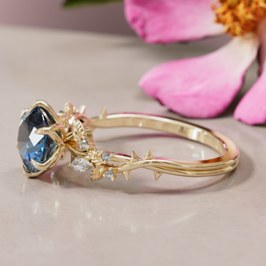 Rosewood Round Blue Sapphire Engagement Flower Ring Nature Inspired By Valley Rose