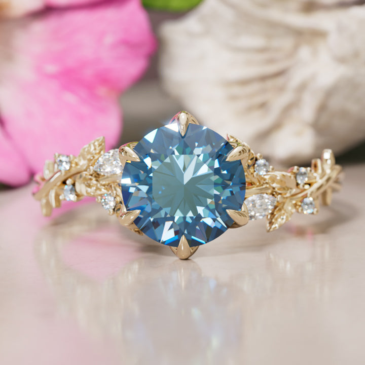 Rosewood Round Blue Sapphire Engagement Flower Ring Nature Inspired By Valley Rose