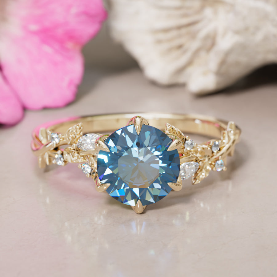 Rosewood Round Blue Sapphire Engagement Flower Ring Nature Inspired By Valley Rose