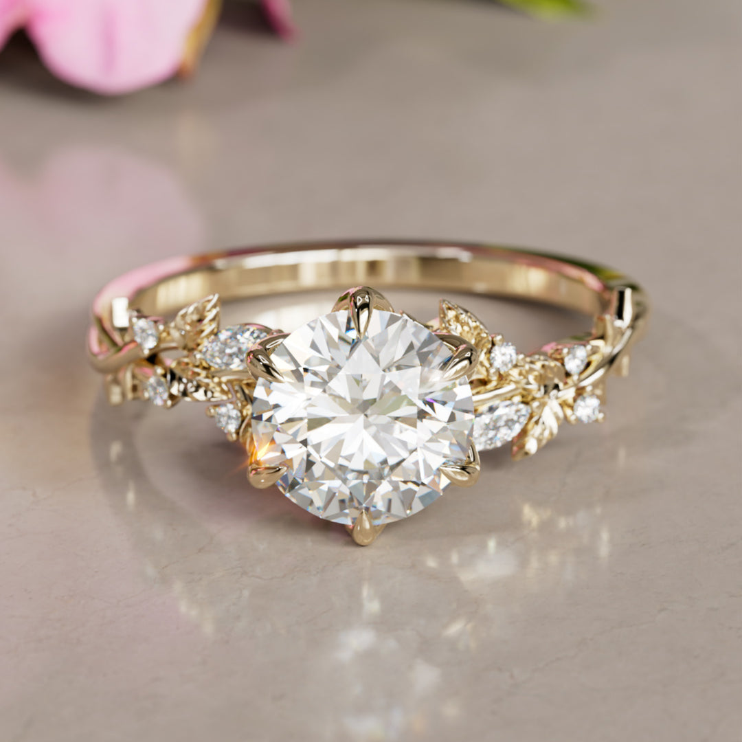 Rosewood Round Diamond Engagement Flower Ring Nature Inspired By Valley Rose