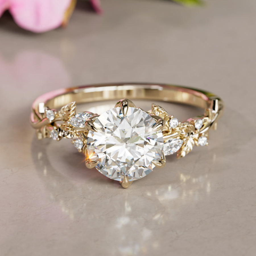 Rosewood Round Diamond Engagement Flower Ring Nature Inspired By Valley Rose