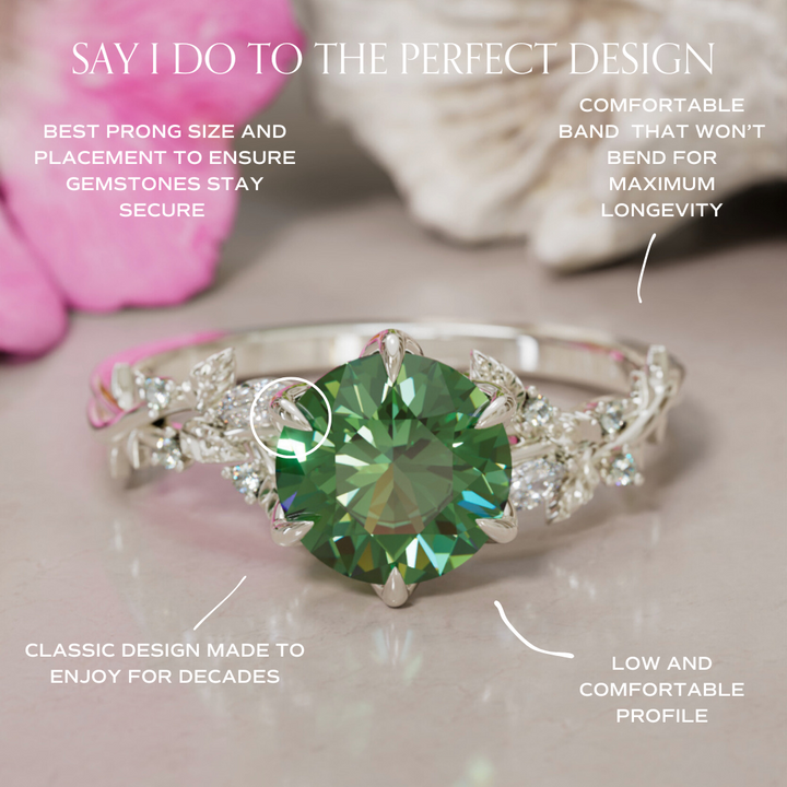 Rosewood Round Green Sapphire Engagement Flower Ring Nature Inspired By Valley Rose