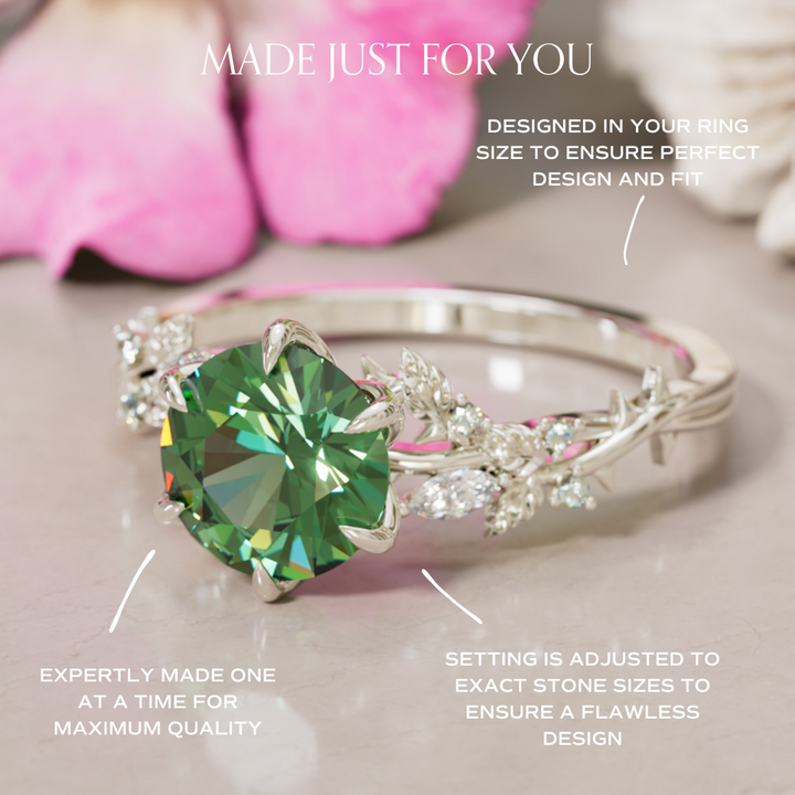 Rosewood Round Green Sapphire Engagement Flower Ring Nature Inspired By Valley Rose
