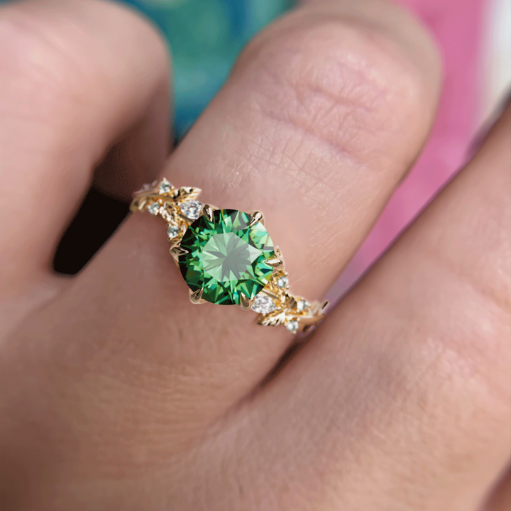 Rosewood Round Green Sapphire Engagement Flower Ring Nature Inspired By Valley Rose