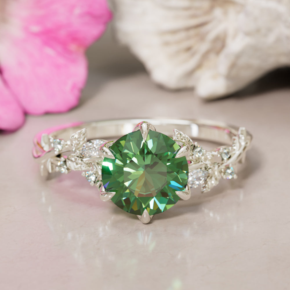 Rosewood Round Green Sapphire Engagement Flower Ring Nature Inspired By Valley Rose