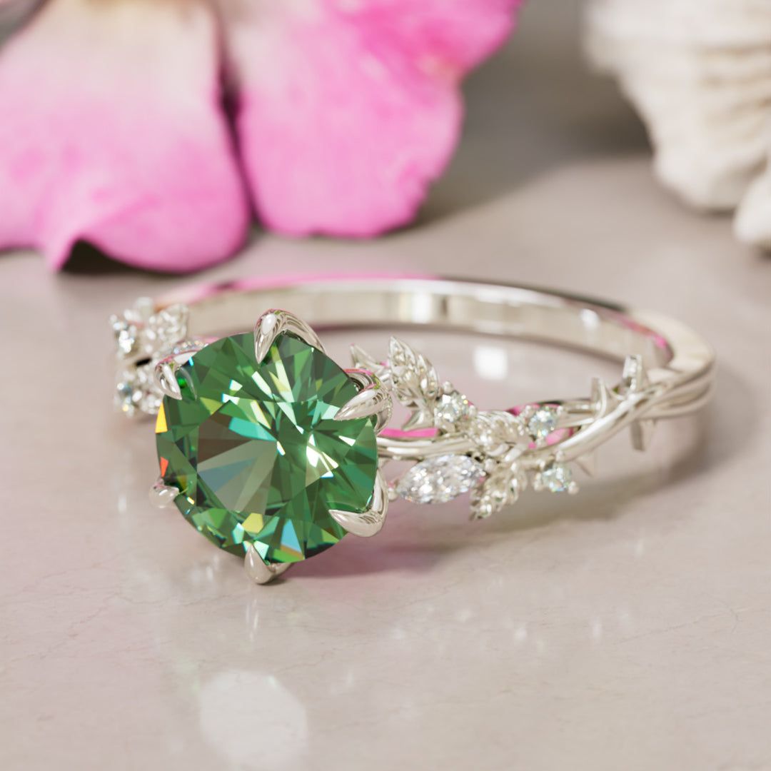 Rosewood Round Green Sapphire Engagement Flower Ring Nature Inspired By Valley Rose