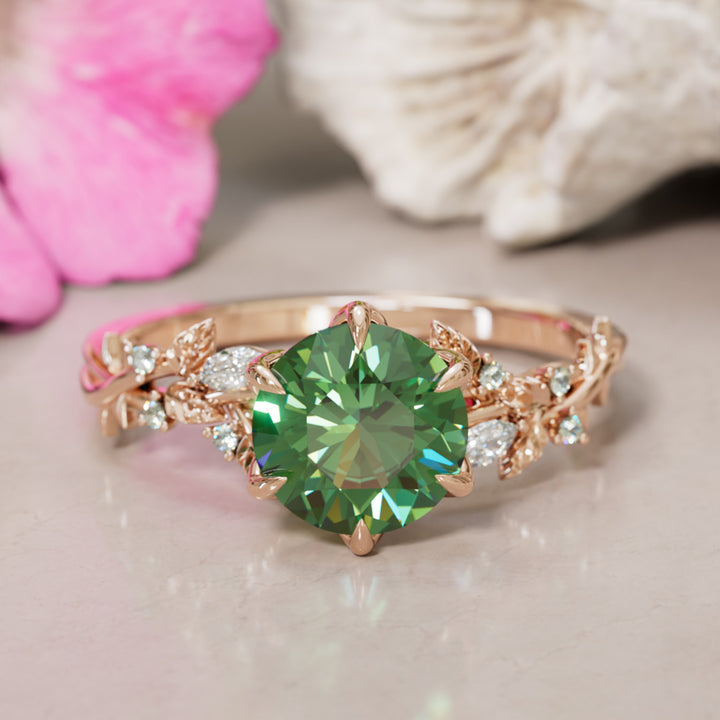 Rosewood Round Green Sapphire Engagement Flower Ring Nature Inspired By Valley Rose