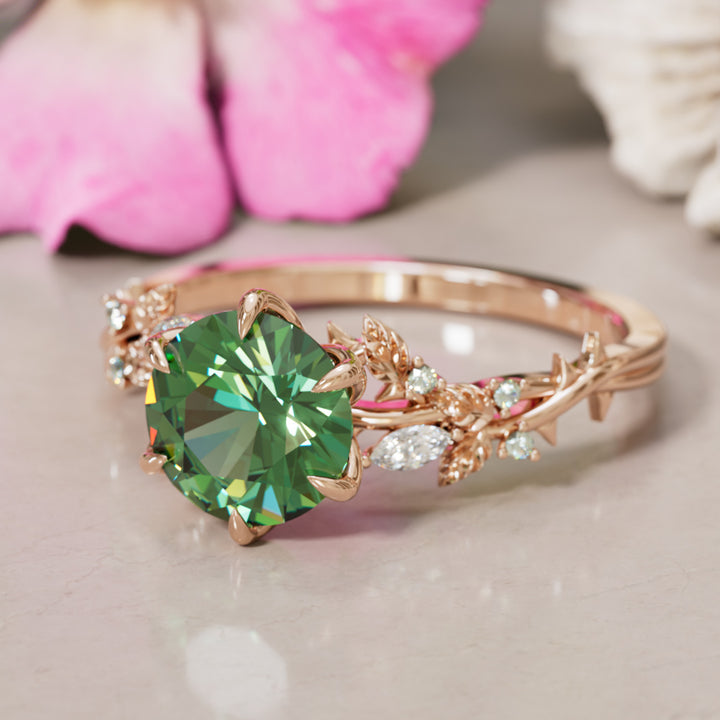 Rosewood Round Green Sapphire Engagement Flower Ring Nature Inspired By Valley Rose