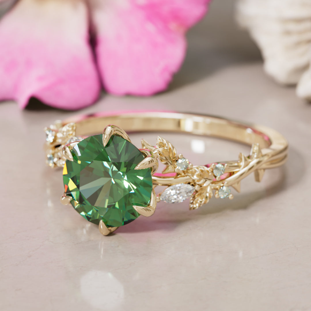 Rosewood Round Green Sapphire Engagement Flower Ring Nature Inspired By Valley Rose