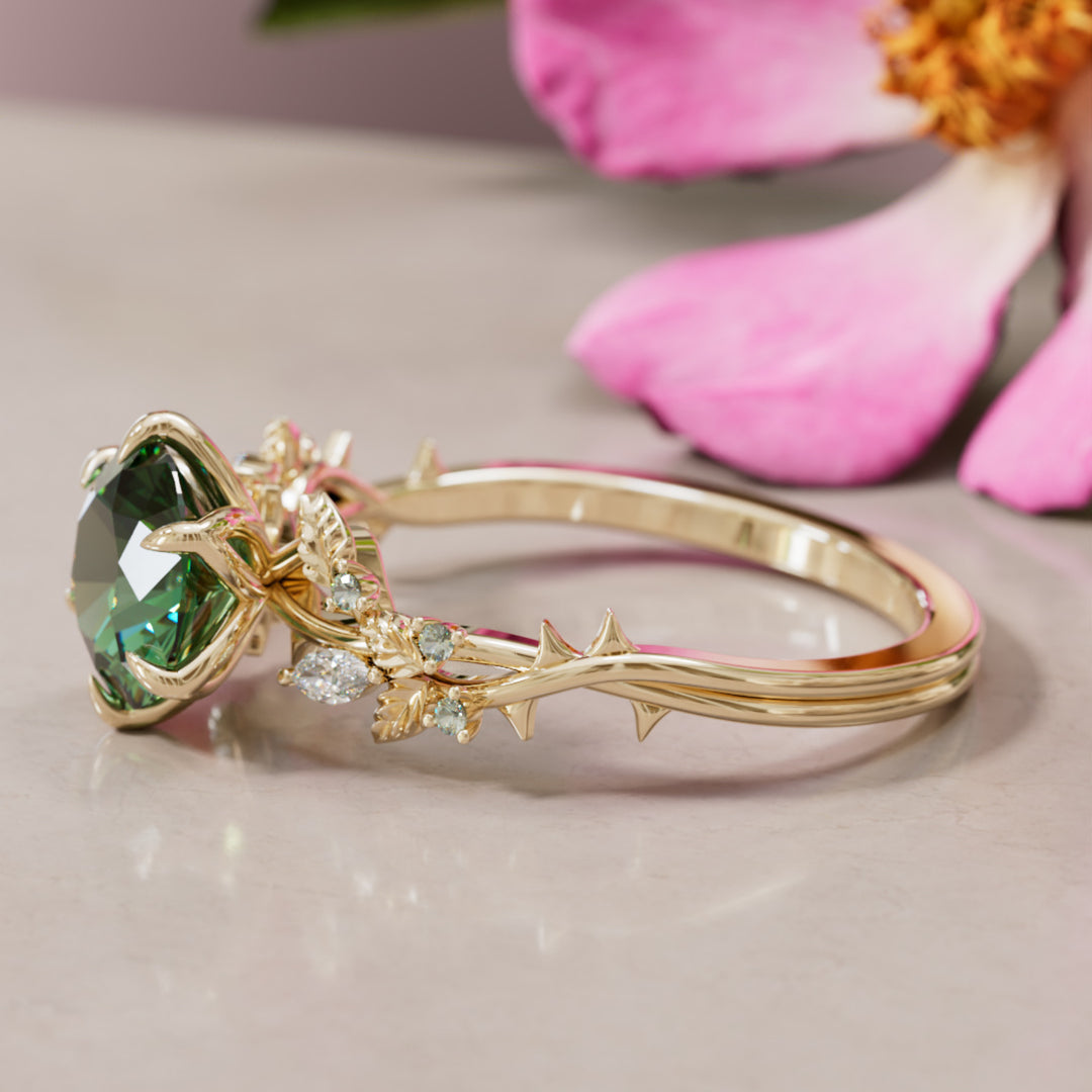 Rosewood Round Green Sapphire Engagement Flower Ring Nature Inspired By Valley Rose