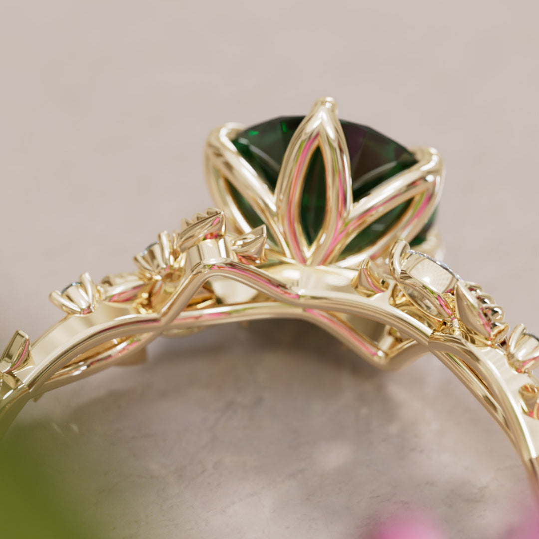 Rosewood Round Green Sapphire Engagement Flower Ring Nature Inspired By Valley Rose
