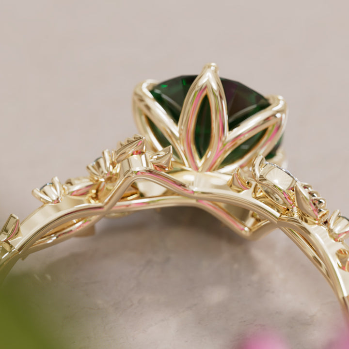 Rosewood Round Green Sapphire Engagement Flower Ring Nature Inspired By Valley Rose