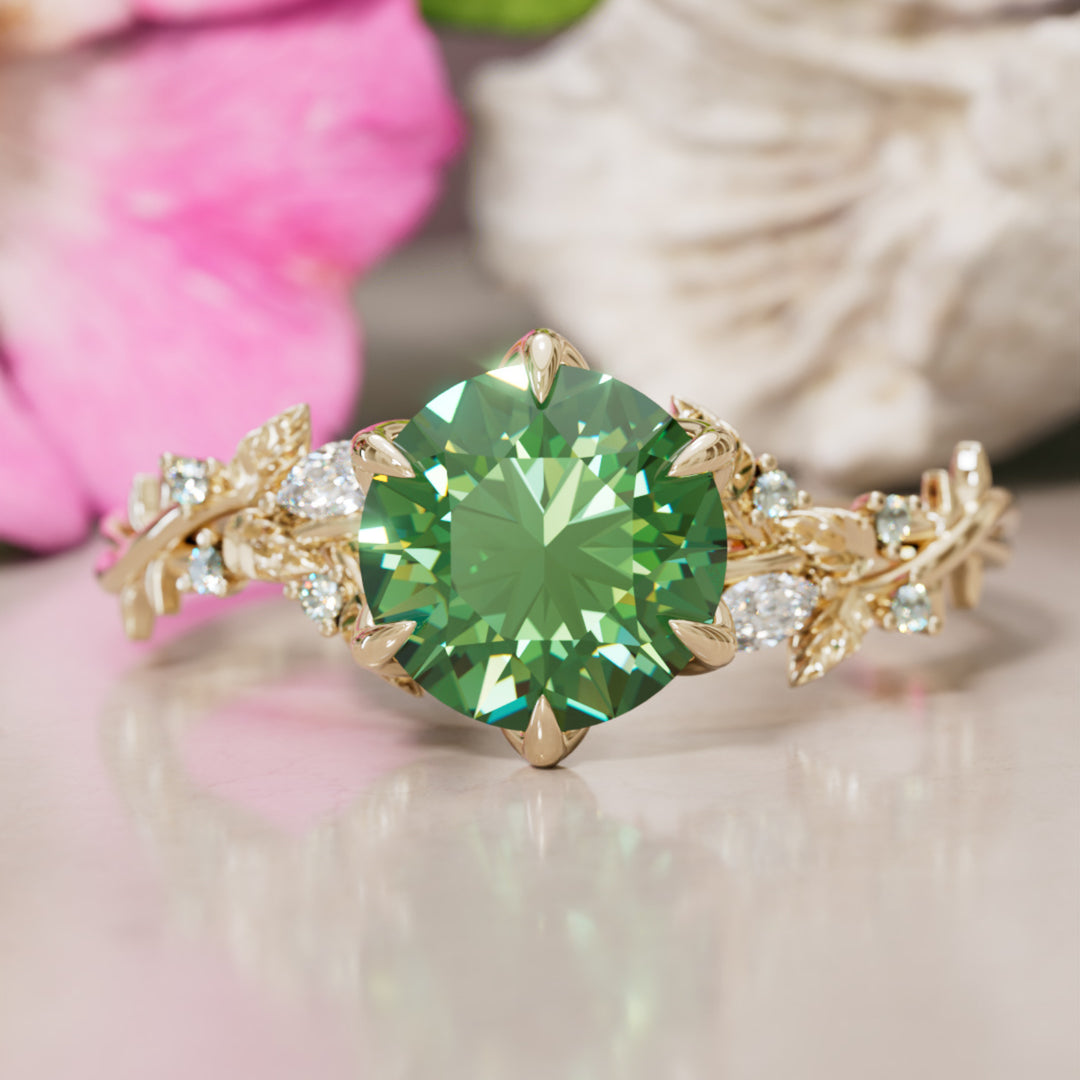Rosewood Round Green Sapphire Engagement Flower Ring Nature Inspired By Valley Rose