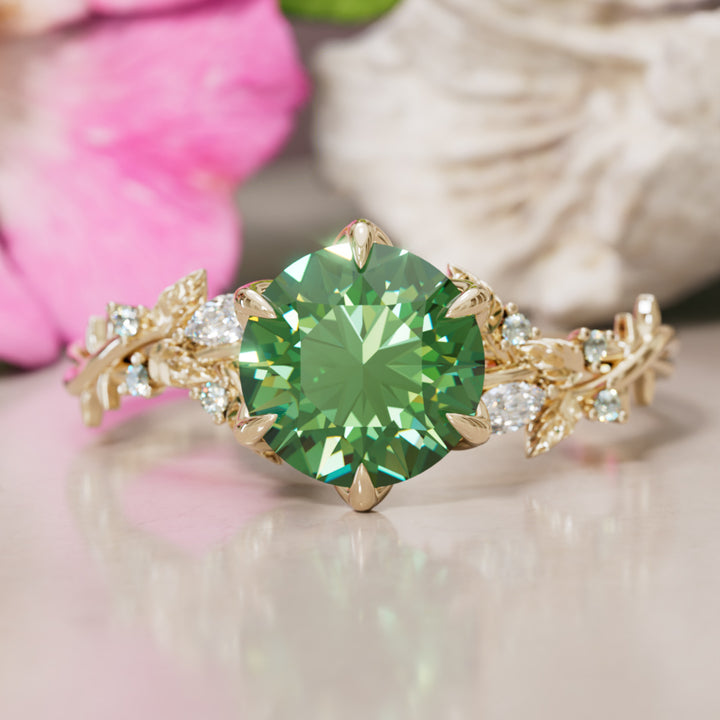 Rosewood Round Green Sapphire Engagement Flower Ring Nature Inspired By Valley Rose