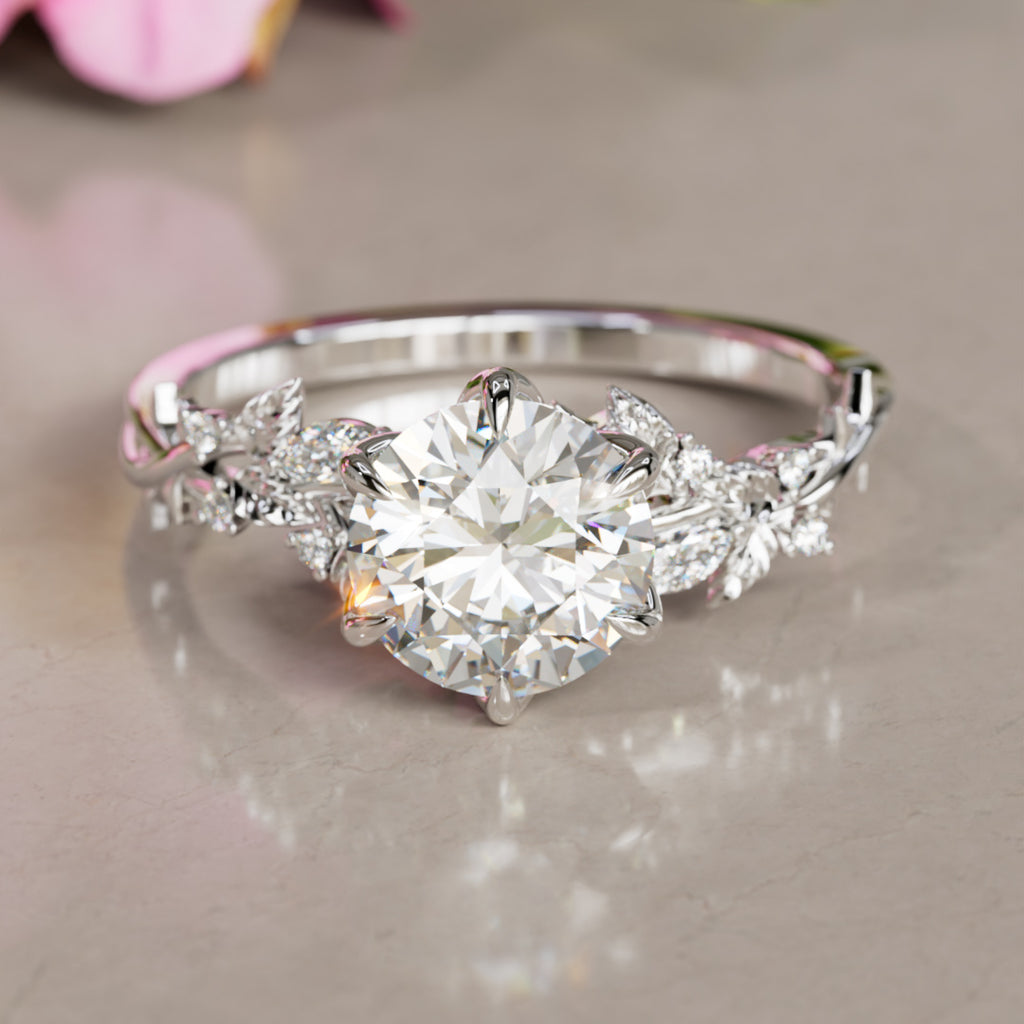 Rosewood Round Lab Diamond Engagement Flower Ring Nature Inspired By Valley Rose